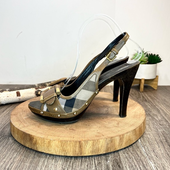 *Burberry | Nova Check Wooden Clog Slingback Peep Toe Heels Size 39/9 - Picture 9 of 16